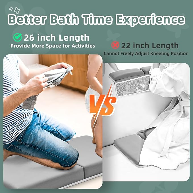IFNOW Baby Bath Kneeler and Elbow Rest Pad Set - 26'' Extra Long and 2.4'' Thick, Quick Dry Kneeling Pad for Bathing Baby with Knee & Arm Support, Foldable Non-Slip Bathtub Mat with Toys Organizer
