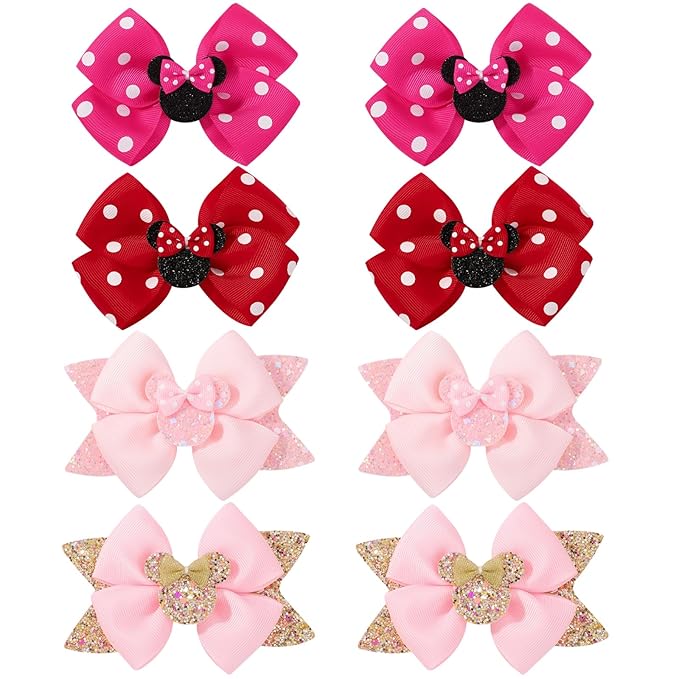 8PCS Mouse Ears Hair Bow Clips, 4 Inch Toddler Girls Polka Dot Hair Accessories, Birthday Party Decoration for Baby Toddler Girls