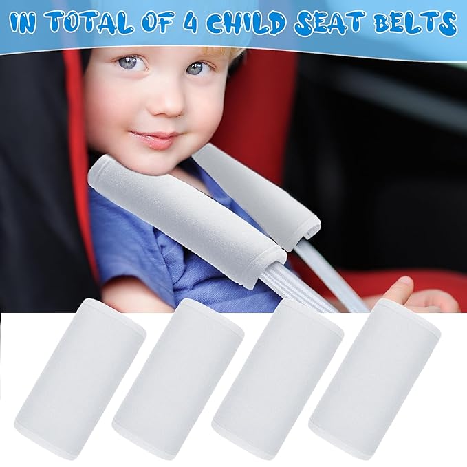 Riakrum 4 Pcs Baby Car Seat Belt Covers Soft Car Seat Straps Shoulder Pads for Kid Infant Stroller Strap Covers Safety Belt Cushion Pads for Boy and Girl(White,5.7 x 2.6 Inch)