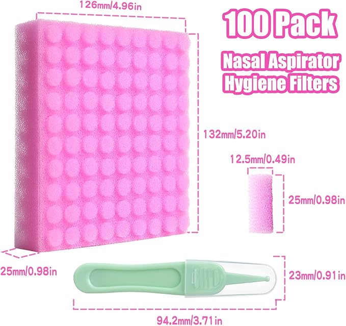 Replacement for Nosefrida Nasal Aspirator Filters, 100-Pack of Premium Nasal Aspirator Hygiene Sponges, with Nose Cleaning Tweezers (Red,100 Count)