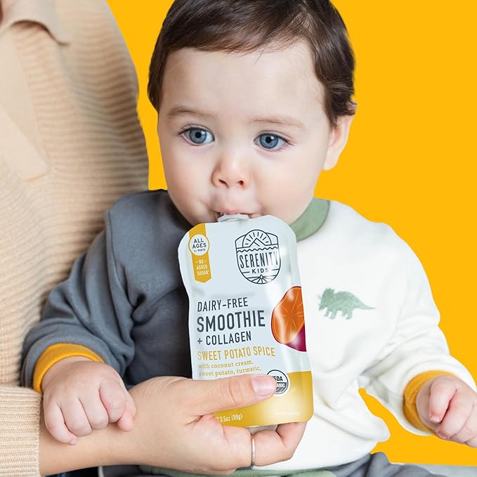 Serenity Kids 6+ Months Organic Dairy-Free Baby Food Smoothie Pouch - Sweet Potato Spice Collagen Protein - No Added Sweeteners Organic Baby Snacks - Protein Smoothie Toddler Food - 3.5 Oz, 12 Pack