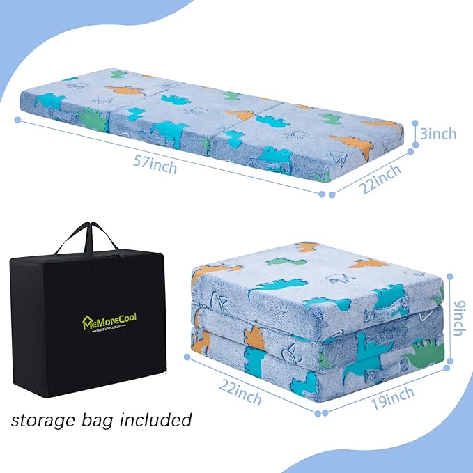 MeMoreCool Foldable Floor Mattress for Kids, Glow Dinosaur Trifold Mat, Kids Folding Mattress Portable Futon, 57x22 Inch Blue