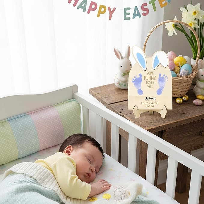 R HORSE DIY Baby's First Easter Footprint or Handprint Art Sign with Ink Pad, 3D Blue Bunny Wooden Milestone with Marker Pen, Baby 1st Easter Keepsake Craft Gift Nursery Photo Prop Baby Shower Baptism