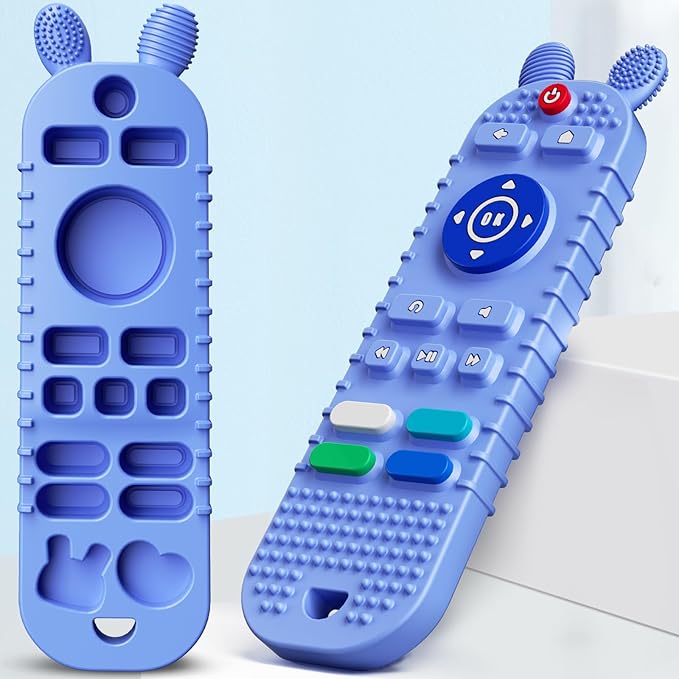 TV Remote Control Shape Baby Teething Toys and Phone Shape Teether Toys for Babies 6-12 Months, Soft Flexible Silicone Chew Toys for Baby - Black Blue