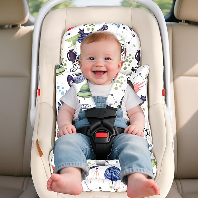 Infant Car Seat Insert with Removable Cushion for Baby Boys, Reversible Newborn Carseat Insert for Baby Head Body Support, Fits for Stroller, Baby Swing, Bouncer (White Space)