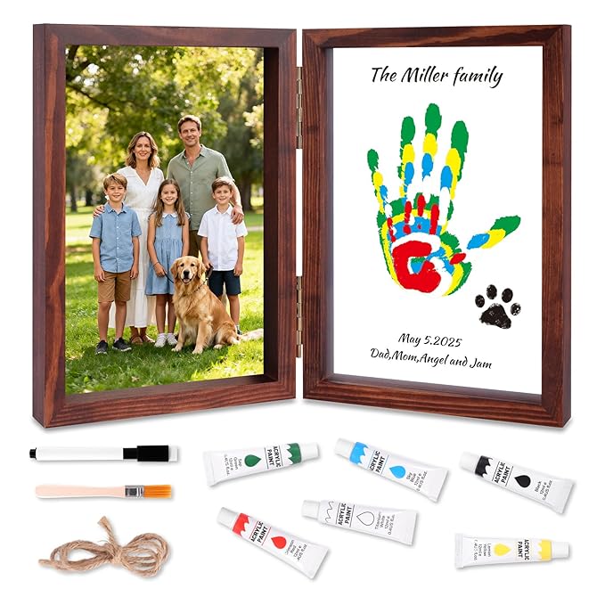 Family Handprint Kit, DIY Baby Hand and Footprint Handmade Keepsake Wooden Frame, Family Gifts with 6 Non-Toxic Baby-Safe Paint, Ideas Gift for New Parents, Grandparents, Father's Day, Mother's Day
