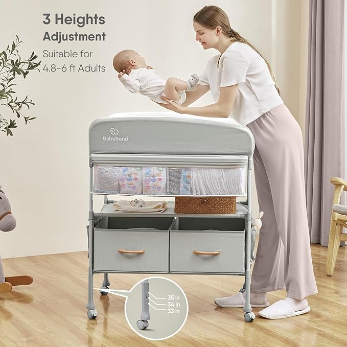BabyBond Portable Baby Changing Table with 2 Storage Baskets, Foldable Changing Table Dresser Diaper Changing Table Height Adjustable Changing Station for Infant and Newborn(Beige)