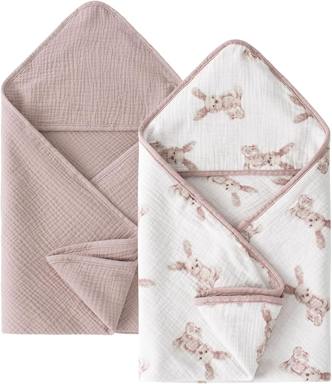 Little Jump Muslin Hooded Baby Bath Towels - 2 Pack 100% Cotton Towel for Babies, Infants, Toddlers - 32x32Inch - Highly Absorbent and Newborn Essential (Bunny)