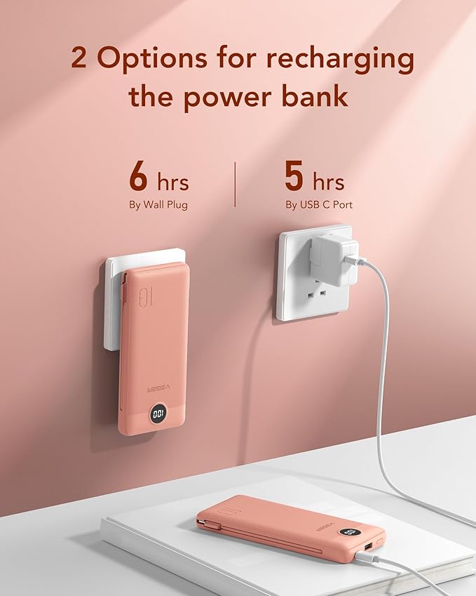 VEGER Portable Charger with Built-in AC Plug and Cables, All in One 10000mAh Ultra Slim Power Bank Travel Essentials, 15W Fast Charging Battery Pack Compatible with iPhone, Samsung, More(Dark Pink)