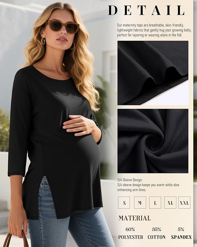 3 Pack Women's 3/4 Sleeve Maternity Shirts Elbow Length Clothes Round Neck Tunics Pregnancy Loose Side Split Tops