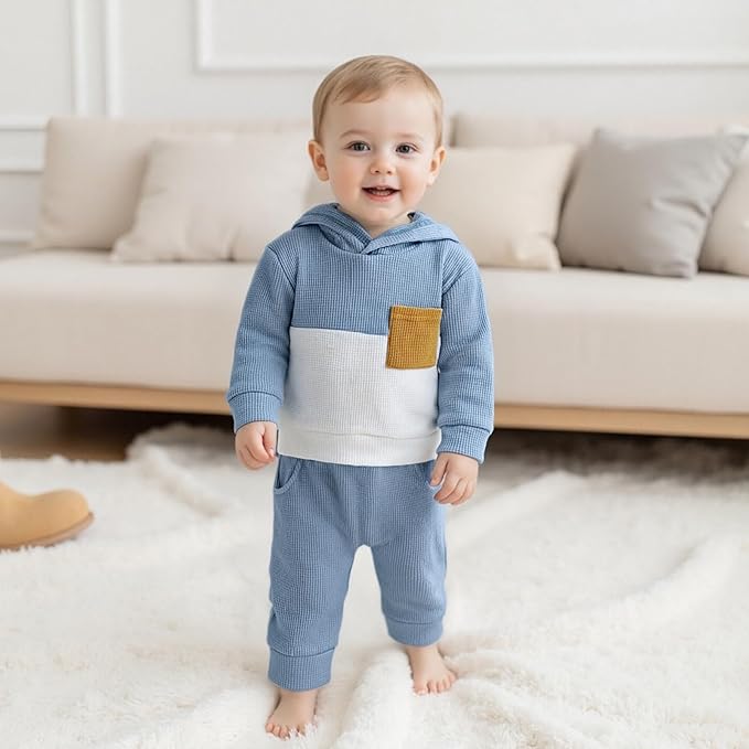 Toddler Baby Boy Hoodies Fall Clothes Waffle Contrast Color Sweatshirt Pant Set Infant Clothes 6 12 18 Months 2T 3T
