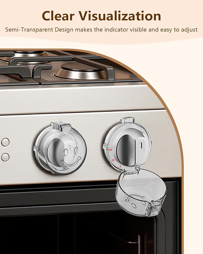 Stove Knob Covers - 5+1 Pack Heat Resistant Gas Stove Knob Covers with Child Proof Lock & Strong Adhesive, Oil-Proof Oven Knob Covers with Clear Transparent Design, White