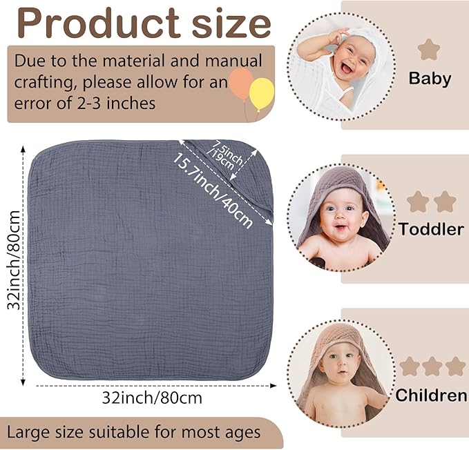 Peryiter 4 Pcs Muslin Hooded Baby Towels 32x32inch Cotton Newborn Bath Essentials Muslin Infant Blankets Absorbent Registry Baby Shower Present for Babies Girl Boy Kids (White,Coffee,Blue)