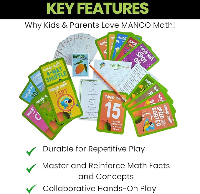 MANGO Math 15® - Math Flash Cards - Educational Math Games for Kids - Addition, Subtraction, Place Value Play & Learning Kit -2nd 3rd 4th Grades - Kids 6-12 - Set of 15 Games - English Version