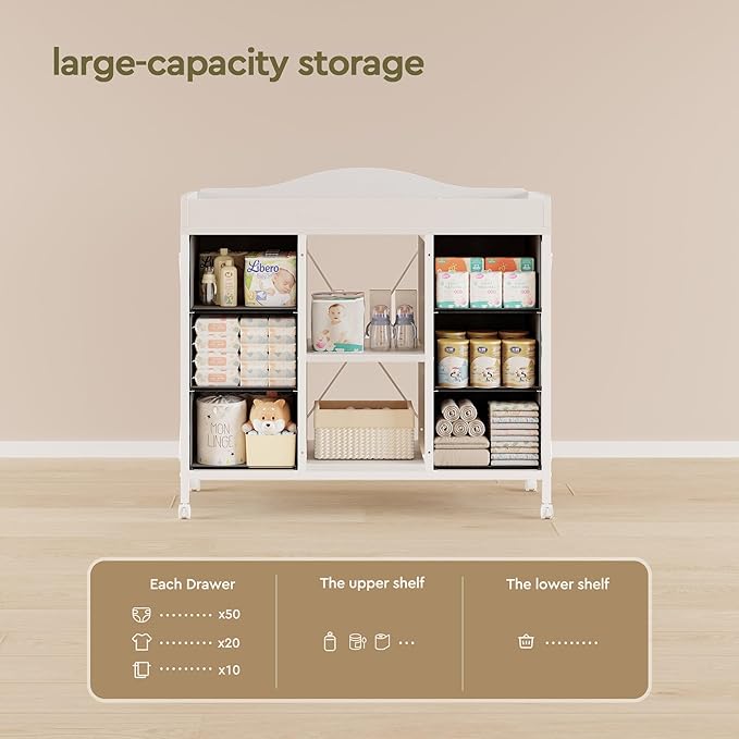 Changing Table, 6-Drawer Baby Dresser with Changing Table top, Waterproof Diaper Changing Station & Pad, 2 Height-Adjustable Open Storage Shelves, Mobile Nursery Organizer, White