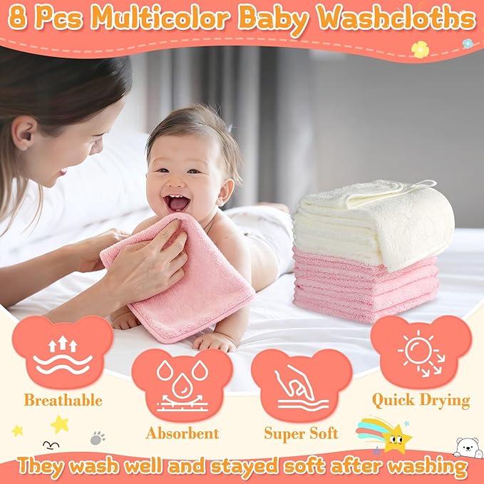 12 Pcs Baby Bath Towels Set for Infants Toddlers, 2 Pcs Animal Hooded Bath Towel, 2 Pcs Baby Burp Cloths & 8 Pcs Washcloths Set, Absorbent Soft Newborn Gift for Boys & Girls (Kitten & Bear)