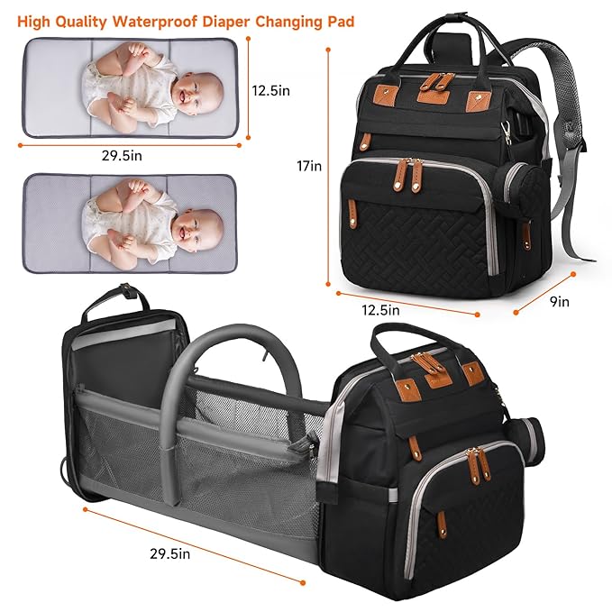 Baby Diaper Bags with Changing Station Multifunctional Waterproof Diaper Bag Backpack Travel Baby Bag with Changing Pad, Pacifier Case,Baby Essentials(Black)