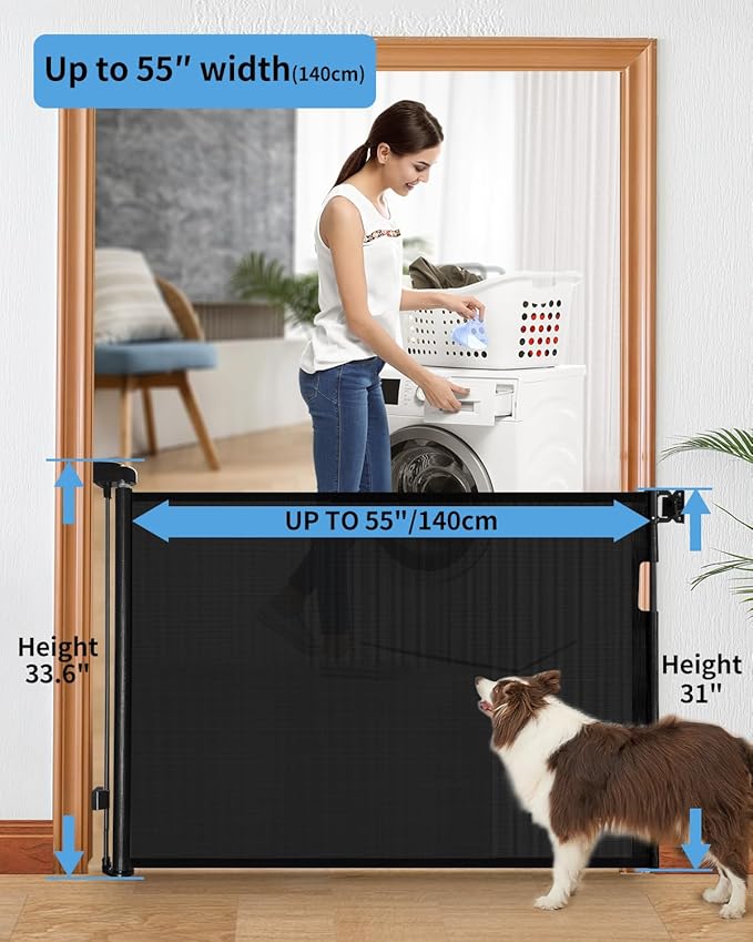 Retractable Baby Gate for Doorways and Stairs, Mesh Safety Gate for Pet, Indoor & Outdoor Use, One-Hand Operation, Easy Installation, 33.6" Tall, Expands to 55" Wide（Black,33.6"x55")