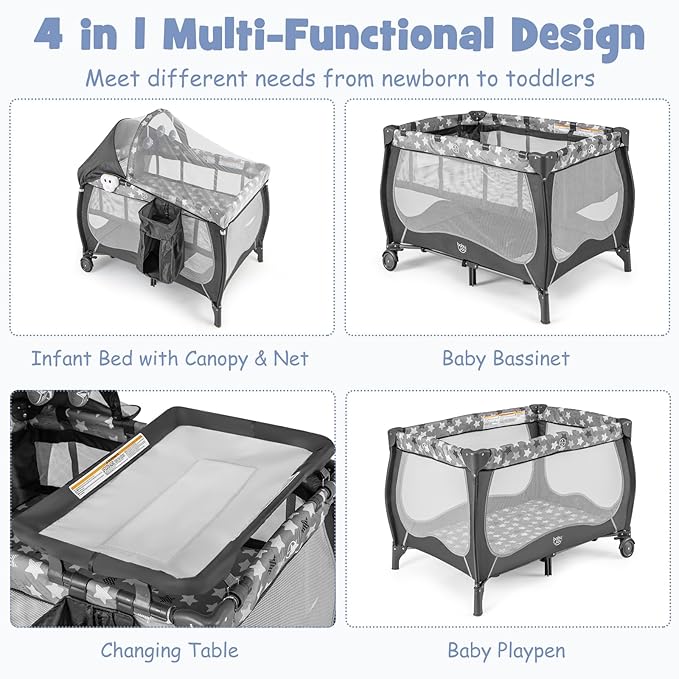 BABY JOY 4 in 1 Pack and Play, Portable Baby Playard with Bassinet, Adjustable Canopy, Changing Table, Lockable Wheels, Music Box, Travel Baby Crib Bassinet from Newborn to Toddler
