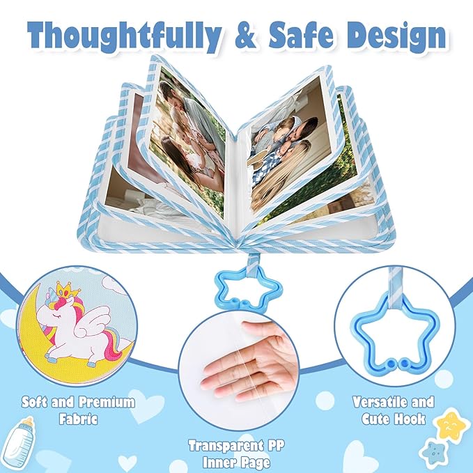 Lanpn Baby Photo Album Holds 17 4x6 Pictures, My First Soft Cloth Family Photo Book with Name Card & Name Tag Sticker, Fabric Kid Memory Keepsake Gift for Baby Shower Newborn Toddler Boy (Unicorn)
