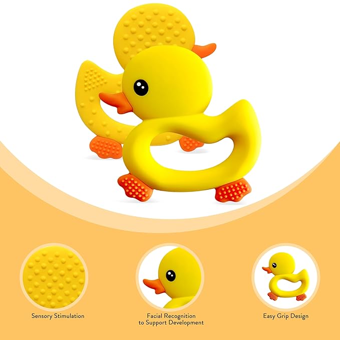 [BabyBite] Baby Teething Toys Cute Duck Teether for Sensory and Developmental Play for Baby and Toddler 100% BPA Free Food Grade Silicone (Yellow)