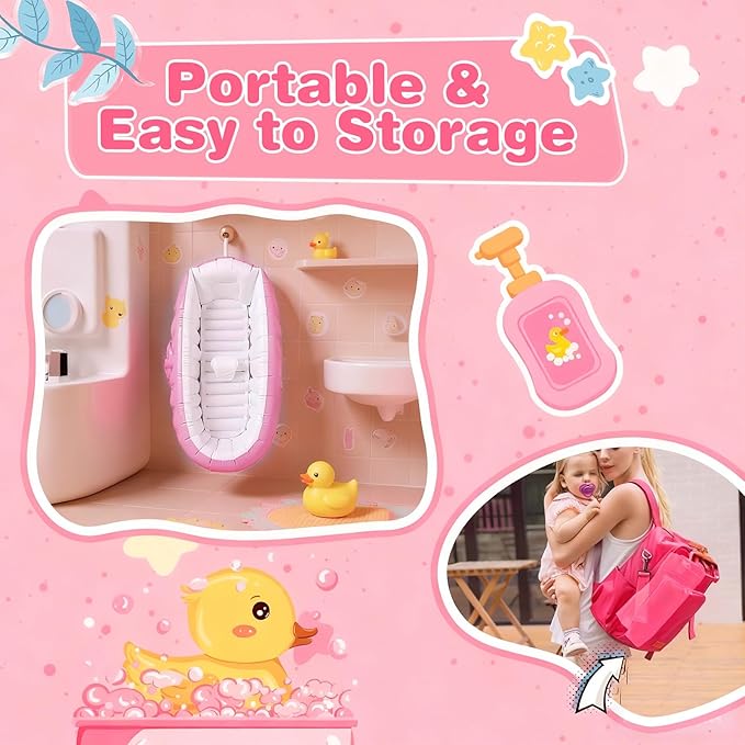 Inflatable Baby Bathtub, Collapsible Safe Baby Bath Tub, Portable Travel Shower Basin with Built-in Air Pump, Newborn to Toddler Bath Tub, Deflates and Folds Easily, Non-Slip (Pink)