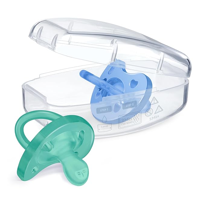 Chicco PhysioForma Silicone Orthodontic Pacifier, 6-16m | 100% Soft Silicone | Supports Breathing & Oral Development | Satin-Textured Nipple | Includes Sterilizing Case | BPA Free | Blue/Green, 2pk