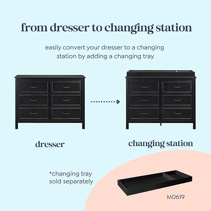 Davinci Charlie 6-Drawer Baby Dresser - Wooden Double Chest of Drawers for Kids, Boys and Girls - Multi-Purpose Storage Dresser for Bedroom, Nursery, Living Room & Hallway, Easy to Assemble - Ebony
