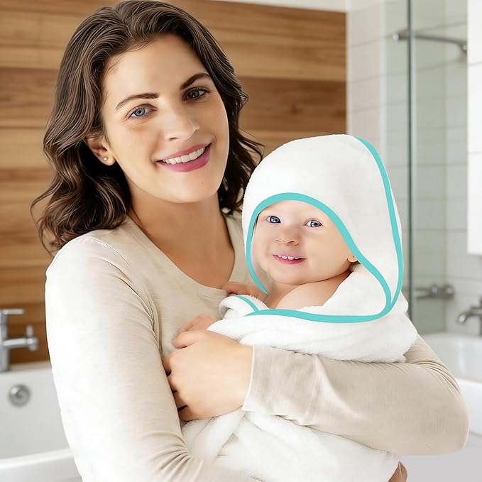 2 Pack Baby Bath Towel - Rayon Made from Bamboo, Ultra Absorbent - Ultra Soft Hooded Towels for Kids - X Large Size for 0-7 Yrs (White and Malachite, 37.5 x 37.5 Inch)