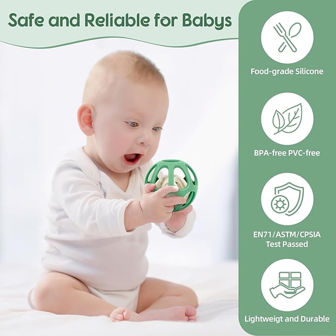 MCGMITT Baby Montessori Sensory Toys for 0-6 6-12 Months, Easy Grasp Silicone Baby Teether Teething Rattle Toy, BPA-Free Infant Teether Ball Chew Rattle Toys, Removable Inner Ball, Soft Hollow Design