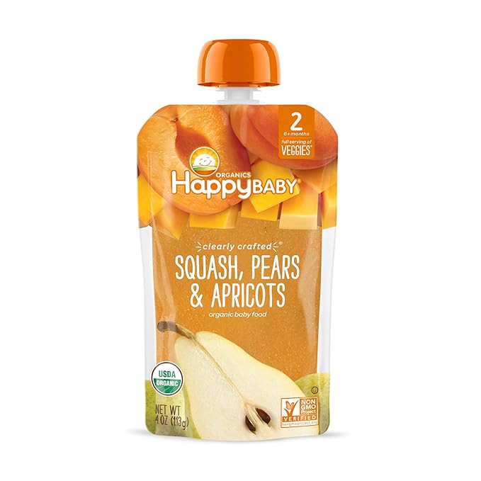 Happy Baby Organics Stage 2 Baby Food Pouches, Gluten Free, Vegan & Healthy Snack, Clearly Crafted Fruit Puree, Squash, Pears & Apricots, 4 Ounces (Pack of 16)