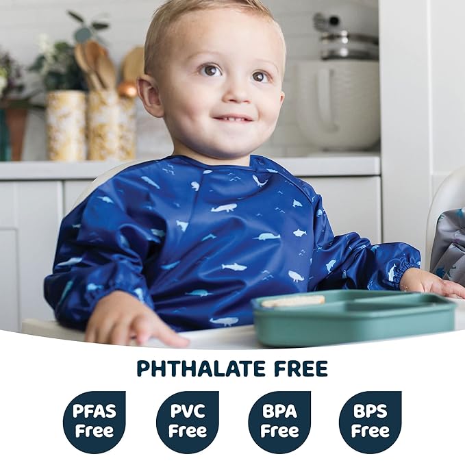 Tiny Twinkle Long Sleeve Bib for Babies & Toddlers | Waterproof Smock Bib for Eating | Machine Washable & Mess-Proof Feeding Essentials | Newborn Shower Gift (Ocean Life, 6–24M)