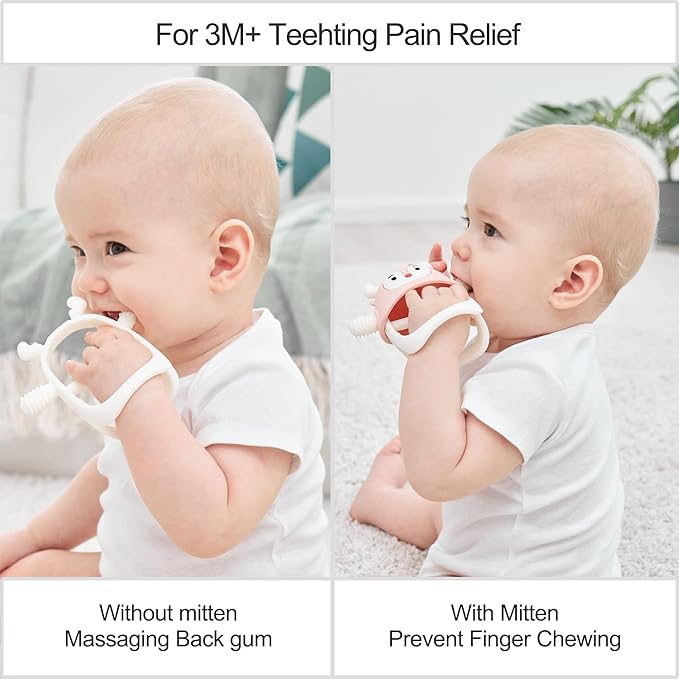 Smily Mia Baby Teething Toy |Penguin Teether for 0-6Months |Reindeer Baby Chew Toys for 3m+, Soft Silicone Hand Teether |Teething Mitten for Teeth Pain Relief, Newborn Essentials Gift Box, Light Pink