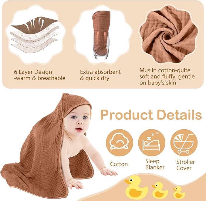 Peryiter 4 Pcs Muslin Hooded Baby Towels 32x32inch Cotton Newborn Bath Essentials Muslin Infant Blankets Absorbent Registry Baby Shower Present for Babies Girl Boy Kids (Brown Series)