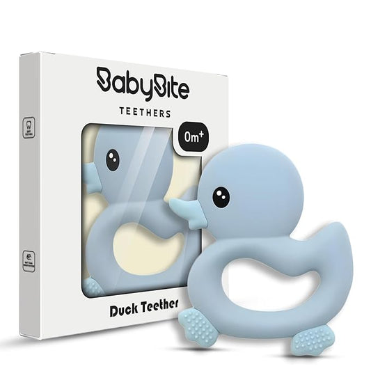 [BabyBite] Baby Teething Toys Cute Duck Teether for Sensory and Developmental Play for Baby and Toddler 100% BPA Free Food Grade Silicone (Blue)