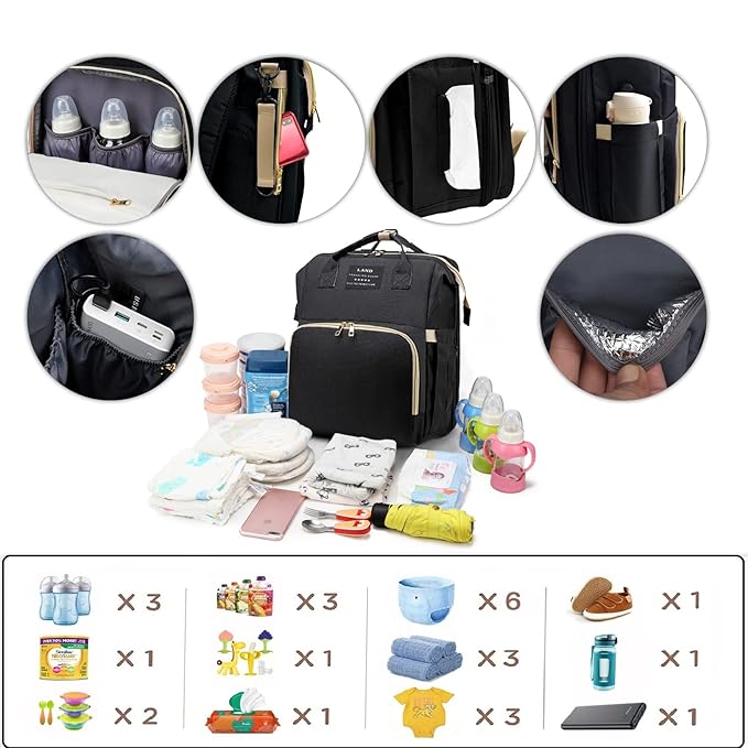 Baby Diaper Bags with Changing Station,Waterproof Diaper Bag Backpack for Moms Dads with USB Charging Port,Large Capacity Multifunctional Baby Essentials(Black)