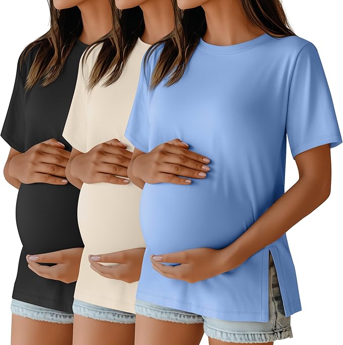Ficerd 3 Pack Women's Maternity T Shirts, Short Sleeve Side Split Pregnancy Tops Casual Crew Neck Pregnant Tees Mama Clothes