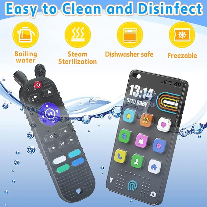 TV Remote Control Shape Baby Teething Toys and Phone Shape Teether Toys for Babies 6-12 Months, Soft Flexible Silicone Chew Toys for Baby - Black