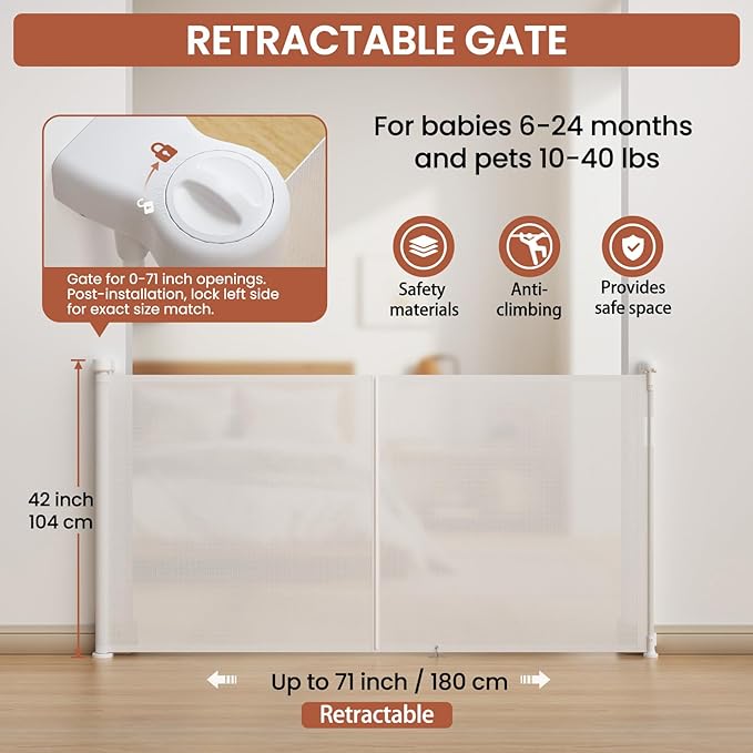 Upgrade Retractable Baby Gates Extra Wide(71" W x 42" H), 71 inch Reinforced Retractable Dog Gate to Prevent Crawling Through, Retractable Gate Outdoor/Indoor, Real One-Handed Operation, White