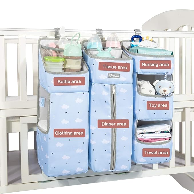 Orzbow 3-in-1 Hanging Diaper Organization Storage for Baby Essentials | Nursery Organizer and Baby Diaper Caddy | Hang on Crib, Changing Table or Wall, Blue