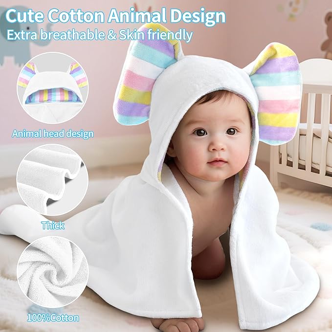 VOOVA & MOVAS Luxury White Baby Hooded Bath Towel - 100% Cotton,500GSM, 33x31.5 Inches,0-2Years, Super Absorbent Large Towel with Cute Elephant Ears Hood for Newborn, Infant, Baby Essentials,White