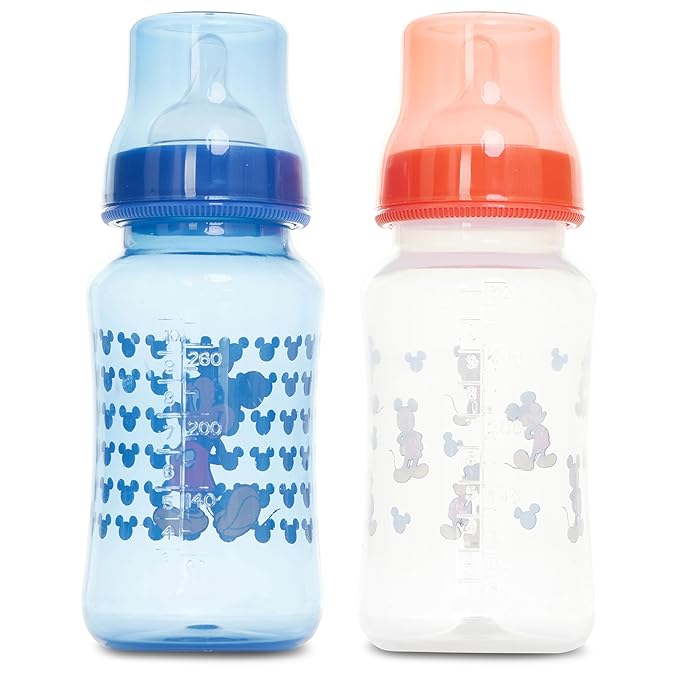 Disney Baby Bottles and Pacifiers Set – 2 Hourglass-Shaped 11oz Bottles + 2 Orthodontic Pacifiers – Officially Licensed Mickey, Minnie, Pooh & Dumbo Designs – BPA-Free Feeding Gift Set