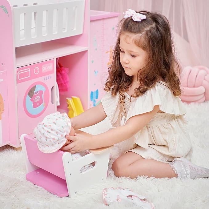 Olivia's Little World 6-in-1 Wooden Baby Doll Nursery Set – Crib, High Chair, Changing Table, Doll Furniture for 16” Dolls – Baby Doll Accessories Playset for Girls Ages 3+, Pink