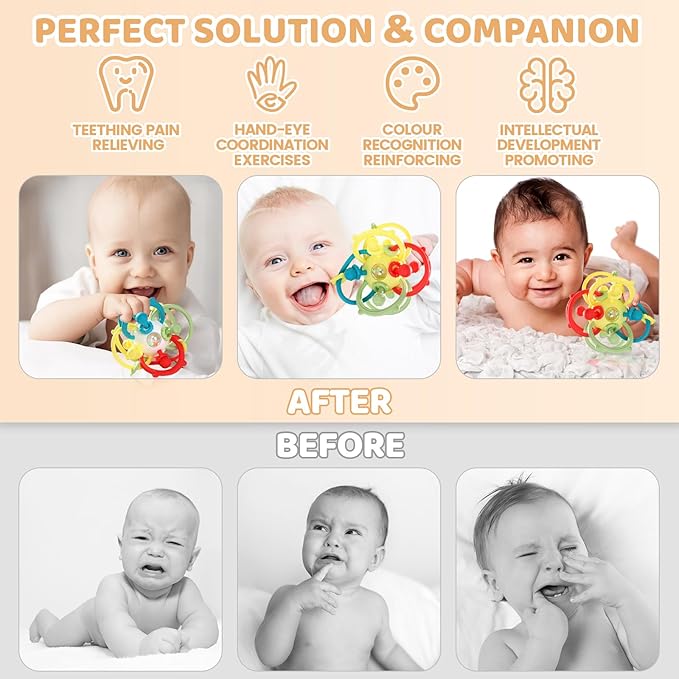 Baby Sensory Teething Toys, Baby Montessori Teether Toys for 0 3 6 9 12 18 Months, Silicone Tummy Time Toy with Rattle Ball for Newborn Infant, Learning Delopmental Gift for Boys Girls, Beige