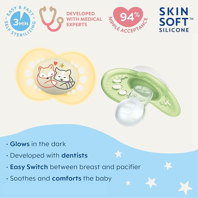 MAM Original Baby Pacifiers 16+ Months, Binky for Newborn Babies, BPA-Free Skin Soft Silicone Nipple, Glows in The Dark, Developed with Medical Experts, 2 Count, Sterilizer Case, Made in Europe