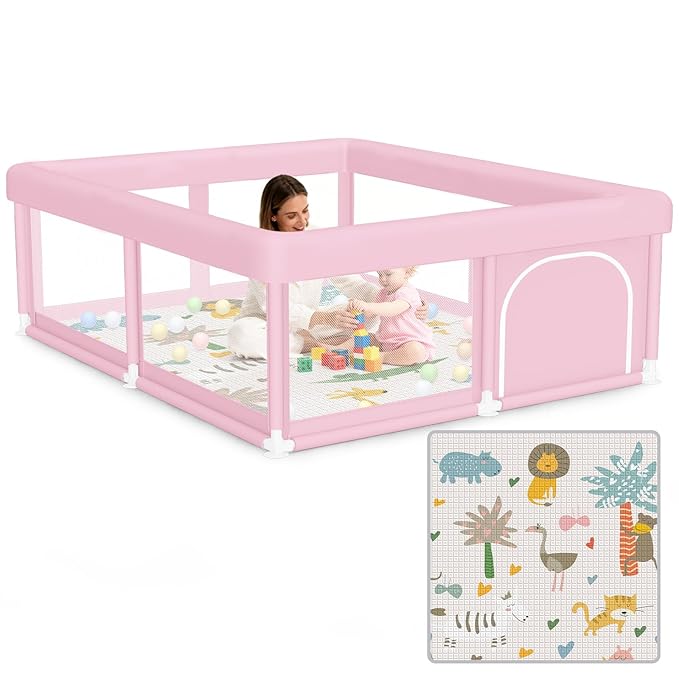 Large Baby Playpen with Mat 50"x50" Baby Girl Play Pen for Babies and Toddlers, Safe Structure and Soft, Skin-Friendly Fabric with Zipper Gates Pink