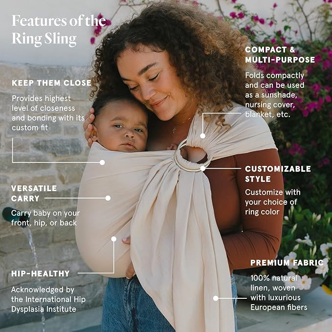 WildBird - Ring Sling Baby Carrier - 0-36 Months (up to 35 lbs) - Long (90") Sparrow & Rose Gold Ring - Front, Hip or Back Carry - Adjustable Fit - Natural Linen - Baby Essentials - New Mom Gifts