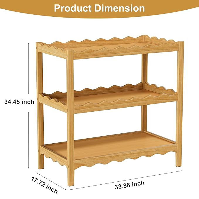 Baby Changing Table, Portable Changing Table, Compact and Lightweight, Solid New Zealand Pinewood, Two Storage Wave-Shaped Shelves, Nursery Organizer, Natural Wood
