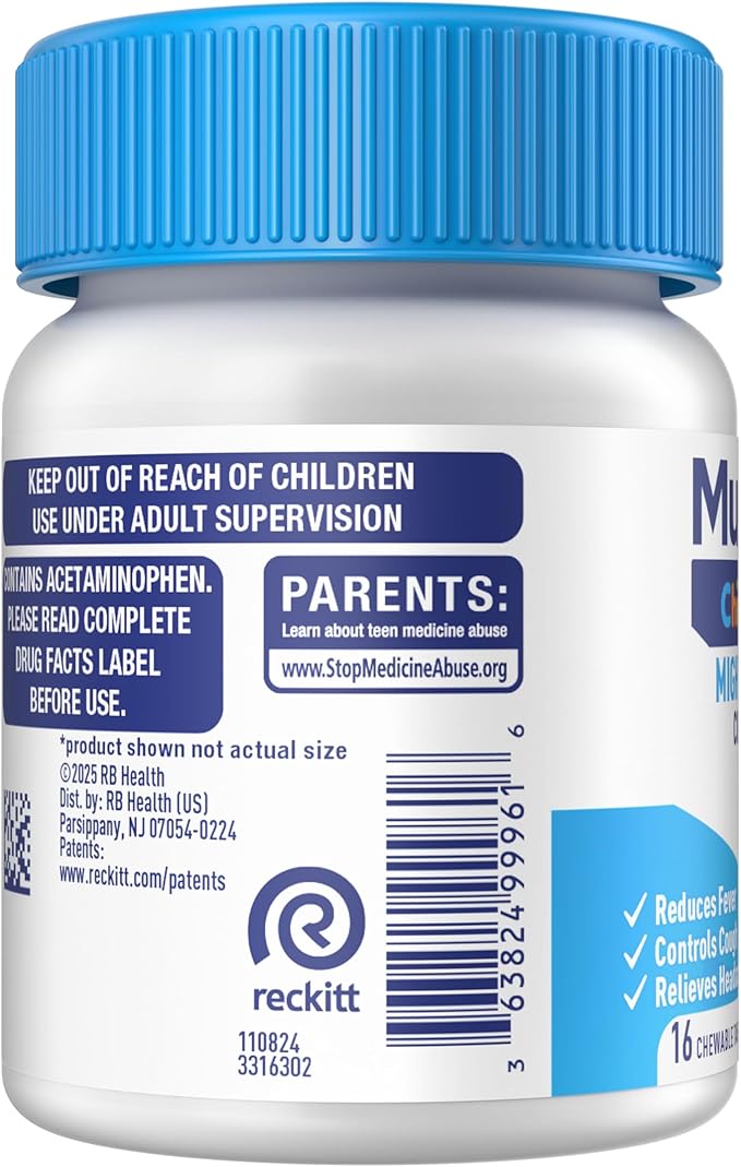 Mucinex Children's Mighty Chews Cold and Flu Medicine, Easy to Dose Children's Acetaminophen & Dextromethorphan, Kids Cough Medicine, Ages 6+, Mixed Berry Flavor, 16 Medicated Chewable Tablets