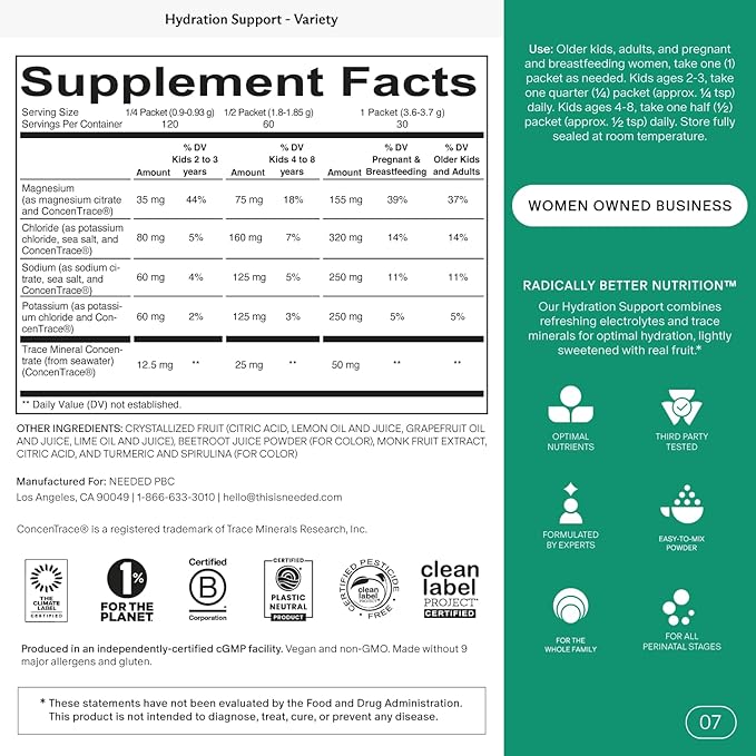 Needed. Hydration Support with Electrolytes & Trace Minerals – Electrolytes for Pregnancy & During Lactation - 30 Hydration Packets Lightly Sweetened with Real Fruit, Variety